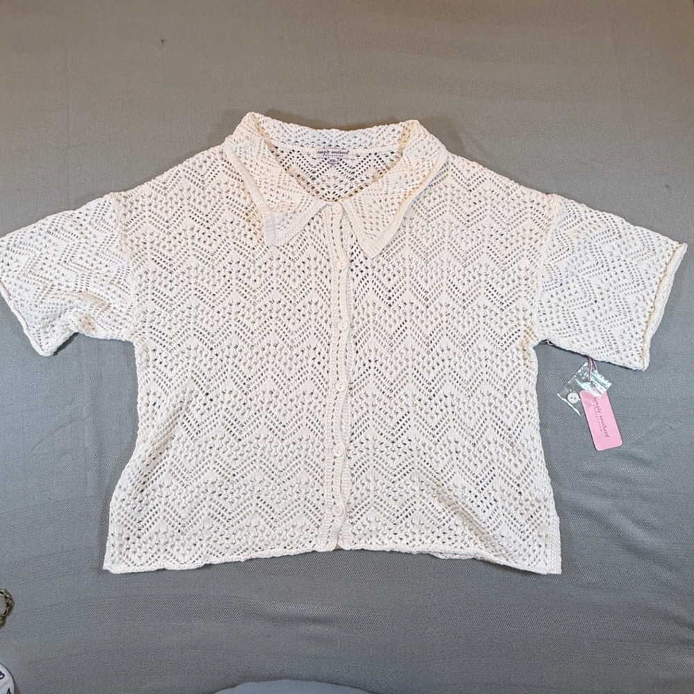 Simply Southern White Open Knit Cotton Cardigan XXL Pointelle ButtonUp 2526